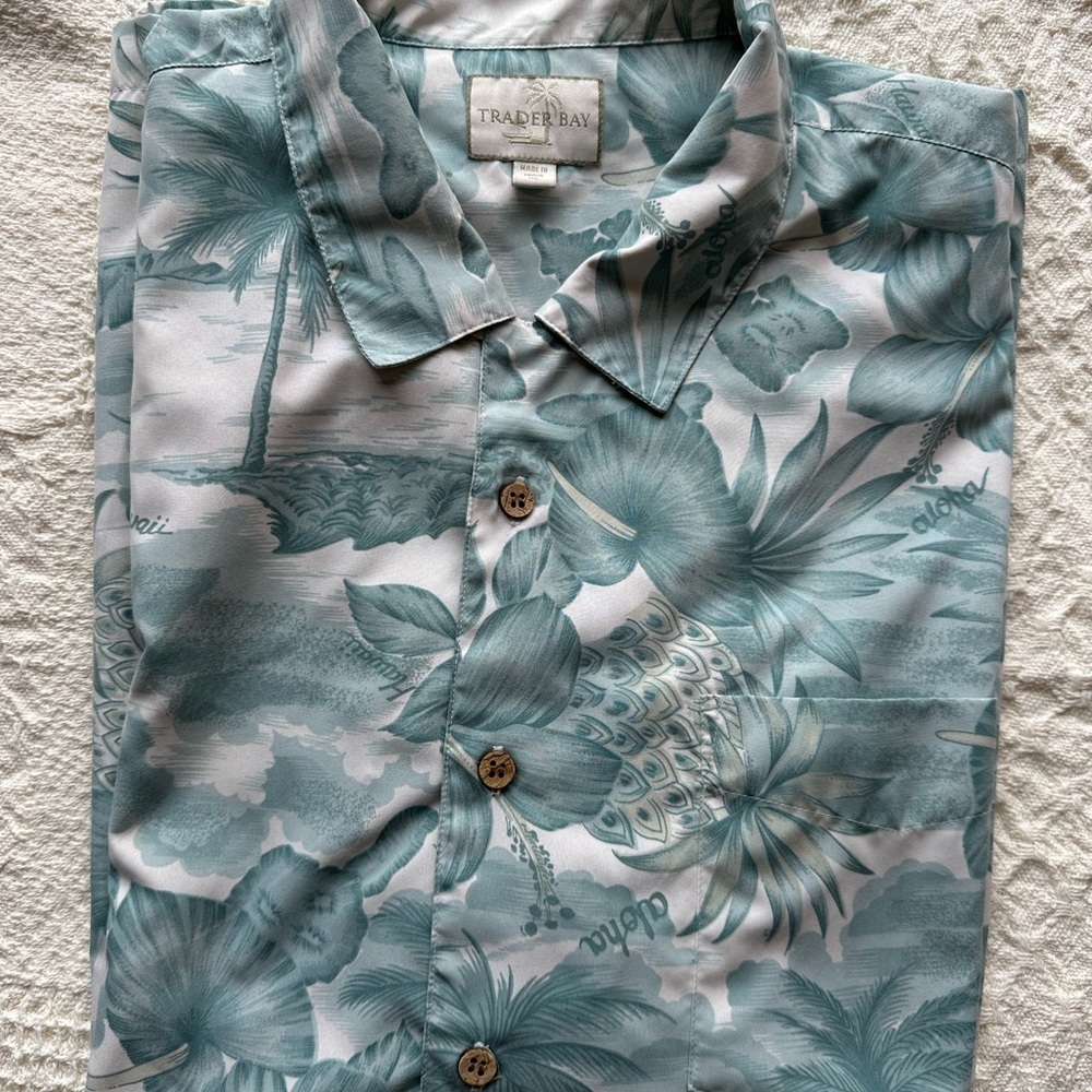 Trader Bay Washable  Mens XL Green/White Floral Button Short Sleeve Hawaii Shirt - Picture 12 of 12